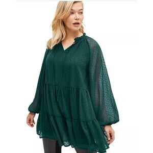 Ellos Plus Emerald Green Swiss Dot Tunic Dress Boho Tiered Semi-Sheer 30